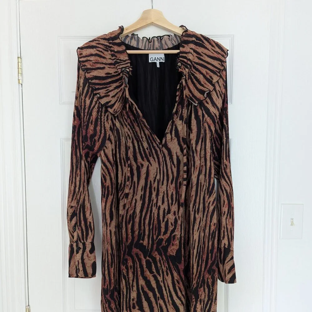Ganni Tiger-Print Mini Dress in Brown and Black - Picture 4 of 6